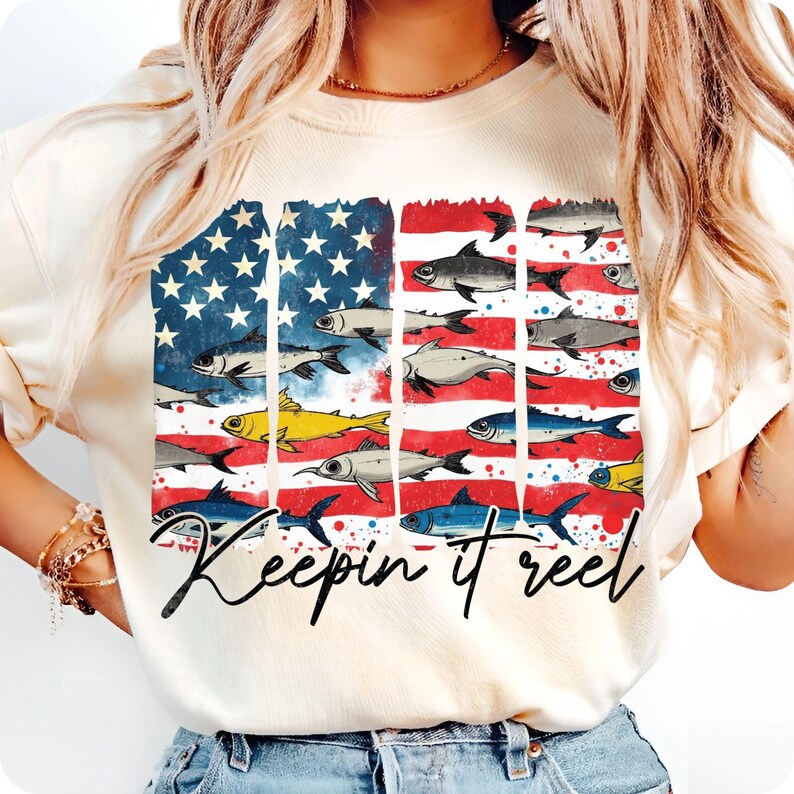 keepin it reel, fish png, america png, patriotic png, usa flag png, hooker png, fishing png, 4th of july png, retro america, sublimation, digital file, july 4th shirt, summer fish png