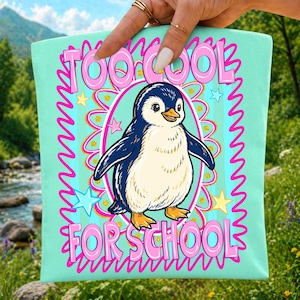 Too Cool For School PNG Retro Penguin Sublimation Design Last Day of School Shirt PNG Striped Penguin Preppy School Farewell Digital Download