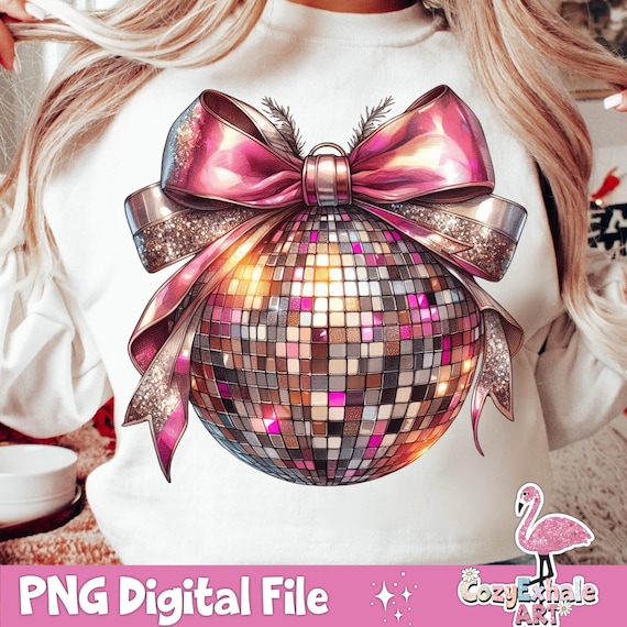 Pink Christmas Disco Ball PNG: Coquette Retro Holiday Design (Digital File)