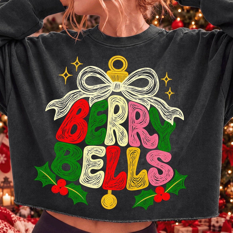 Close-up of the Berry Bells digital design showing the bubbly retro letters, cream coquette bow, and gold ornament details.