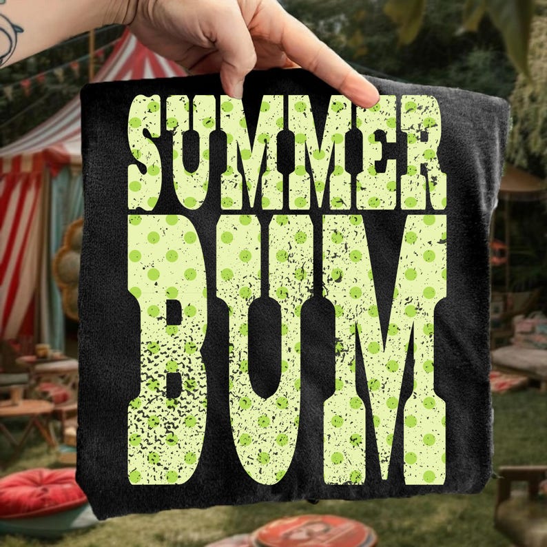 Collection of mockups showing 'Summer Bum' design on a mug, tank top, and tote bag