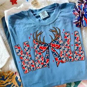 patriotic mama png, 4th of july png, hunting mom design, camo mama shirt, deer antlers png, coquette bow png, usa sublimation, retro 4th of july, independence day, red white blue png, western patriotic, american flag mama, mama hunting png