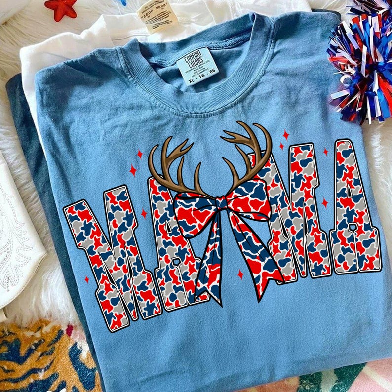 Mockup of the Retro Camo Mama PNG design on a t-shirt, perfect for 4th of July celebrations.