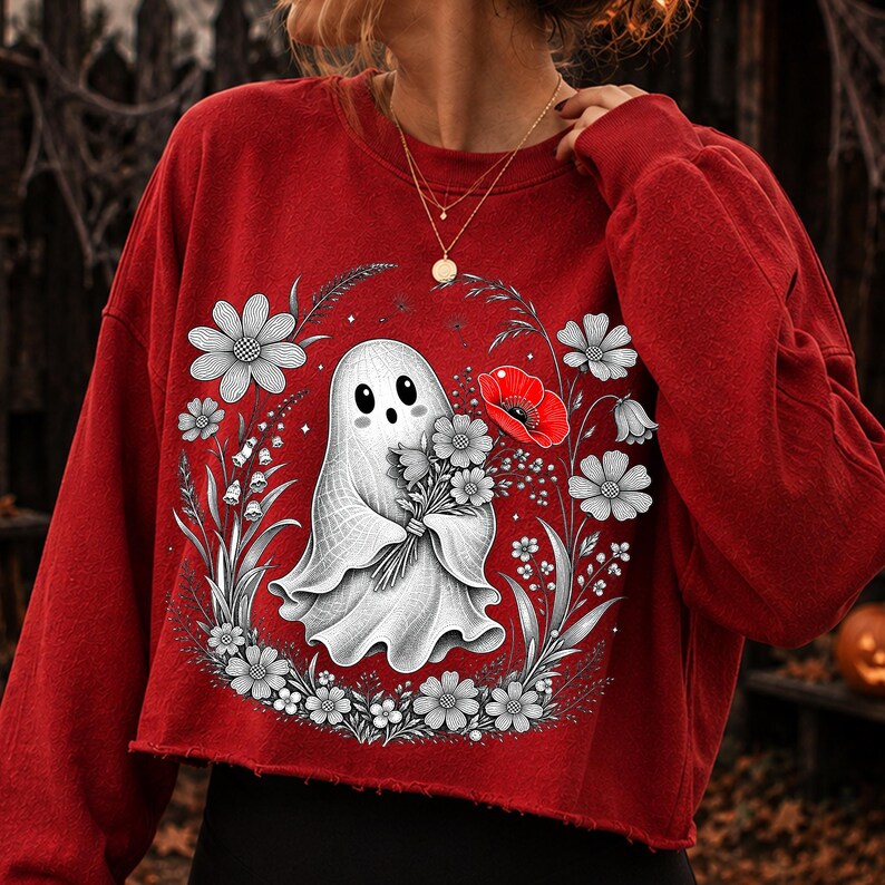 Floral Ghost PNG mock-up on a t-shirt, highlighting its use in apparel design.