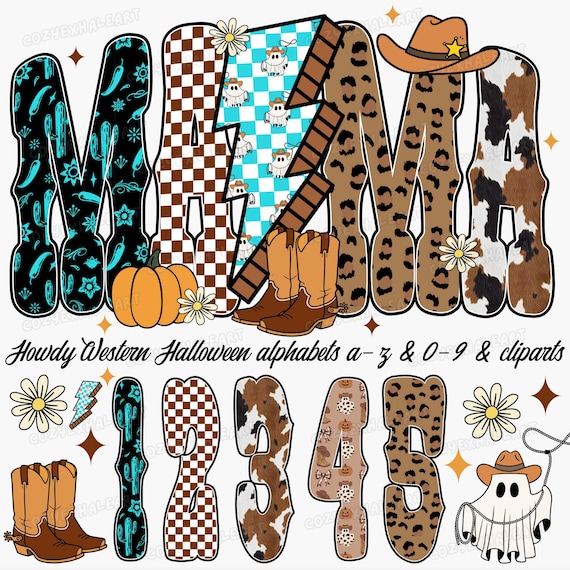 Western Halloween Alphabet PNG: Cow Print, Leopard, Gingham Cowboy Clipart (Digital Download)