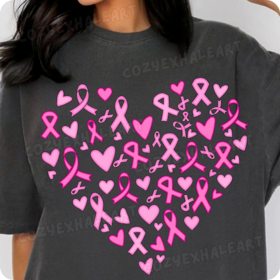 Pink Ribbon Heart Sublimation Design: Breast Cancer Awareness Digital Graphic for Instant Download