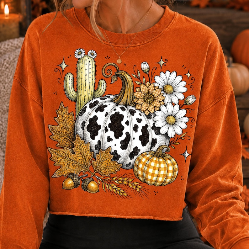 Close-up of the Cow Print Pumpkin PNG details including daisies and acorns