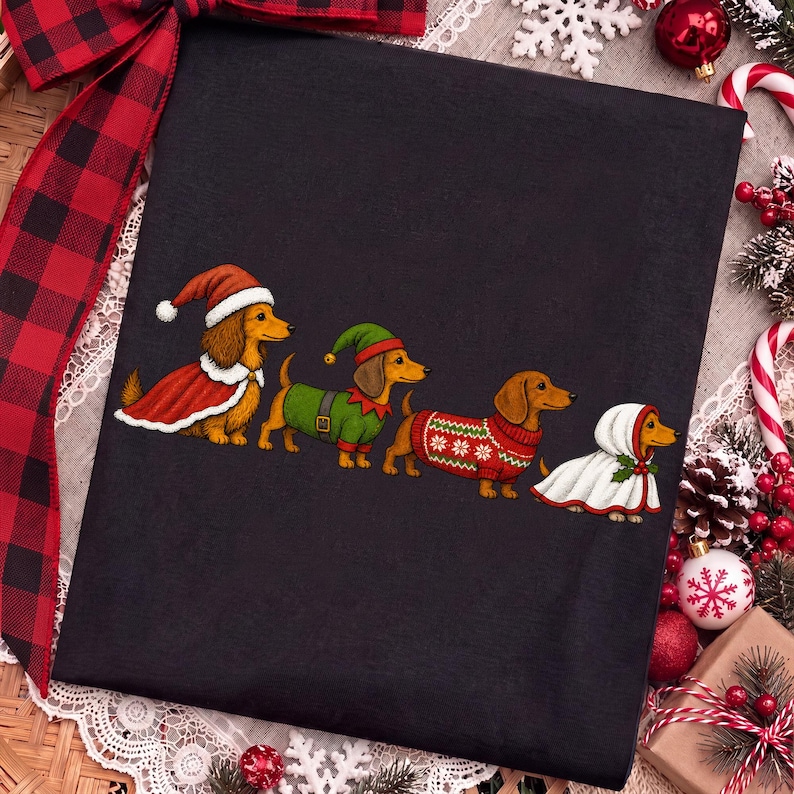 May include: A black t-shirt featuring a graphic of four brown dachshunds in a row. The first wears a Santa hat and cape, the second an elf outfit, the third a red patterned holiday jumper, and the fourth a white hooded cloak with holly berries.