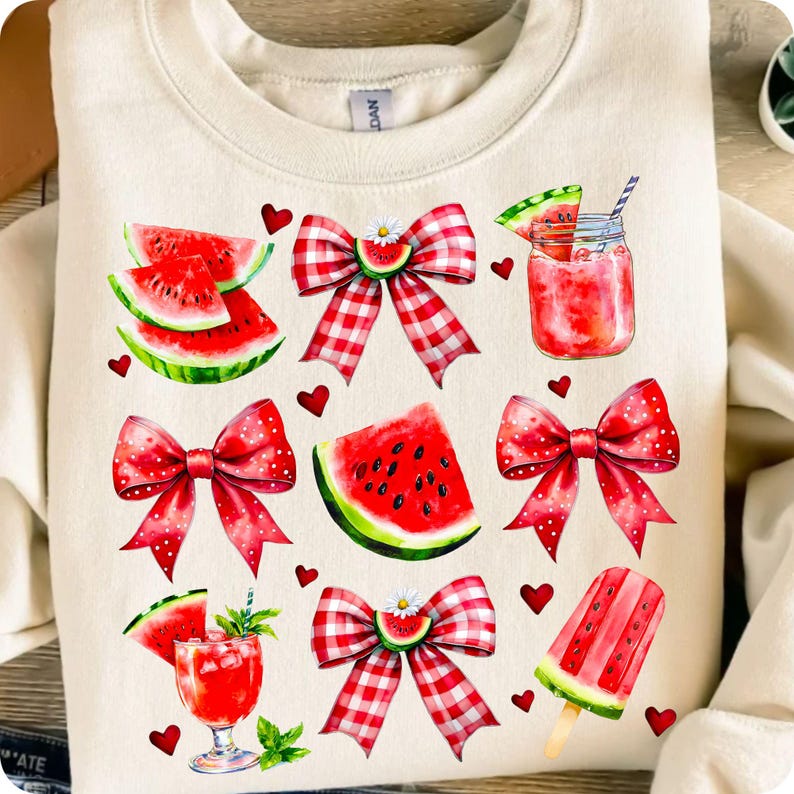 Adorable coquette-style watermelon bow PNG with glitter and floral accents. Perfect for trendy preppy summer shirts, DTF transfers, and more!