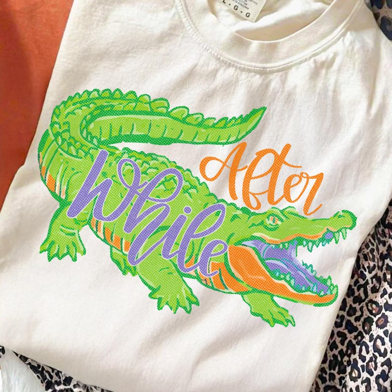 Close-up of the 'Later Gator After While Crocodile' PNG design with detailed halftone texture and retro typography.
