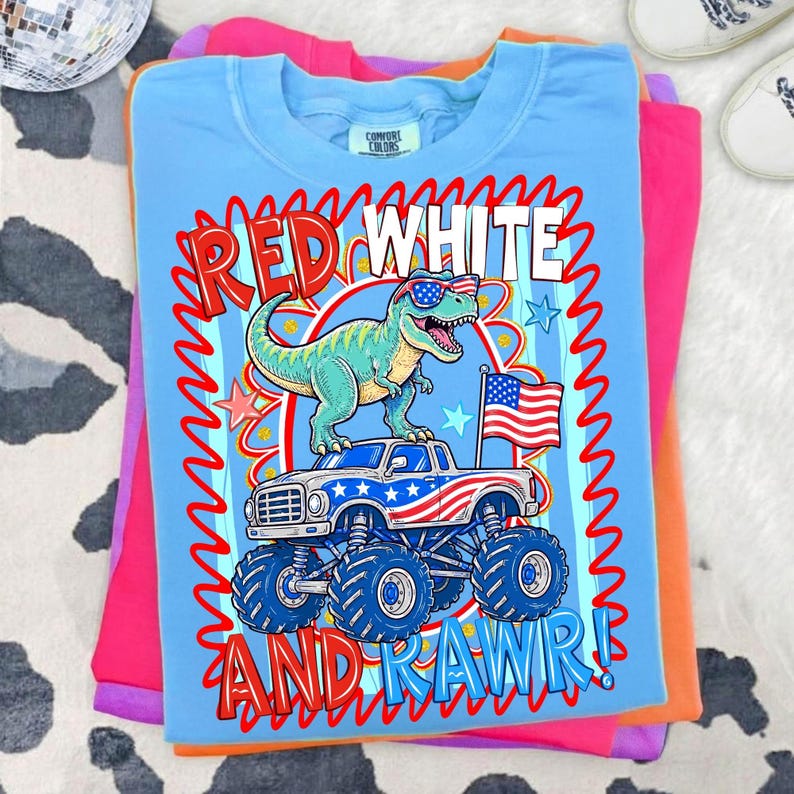Image of Red White and Rawr PNG 4th of July Dinosaur Monster Truck Sublimation Design Patriotic Kids Shirt Design American Flag T-Rex PNG Download