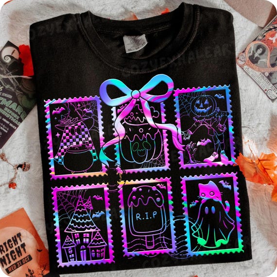Spooky Iridescent Neon Halloween PNG: Ghost, Pumpkin & Bow Digital Art Download