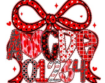 Valentijnsdag alfabet png-letters bundel, cijfers clipart, rode strik hart elementen voor sublimatie ambachten en creatieve ontwerpprojecten