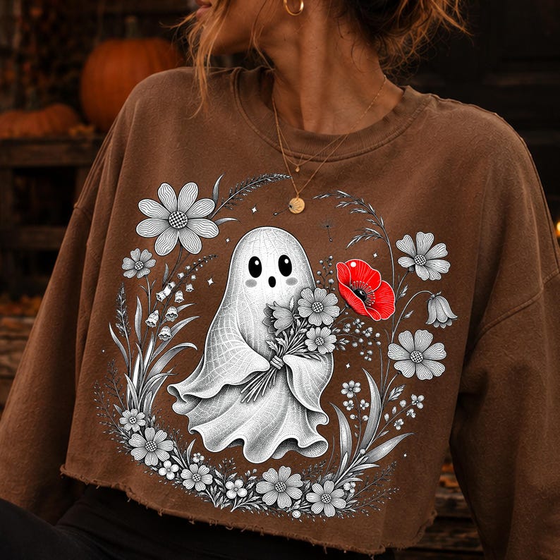 K&ouml;nnte beinhalten: Ein braunes bauchfreies Sweatshirt mit einem Grafikdruck eines wei&szlig;en Geistes, der einen Blumenstrau&szlig; h&auml;lt. Das Design zeigt schwarz-wei&szlig;e Strichzeichnungen von Blumen um den Geist herum, mit einer einzelnen leuchtend roten Mohnblume als Blickfang.