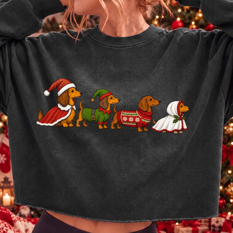 May include: A charcoal grey long-sleeve sweatshirt featuring a graphic of four brown dachshunds dressed in holiday attire. The dogs wear a red Santa cape, a green elf outfit, a red patterned jumper, and a white hooded cloak with holly accents.