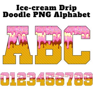 Letras y números del alfabeto PNG de helado con goteo, fuente de glaseado rosa y azul, clipart de cono de helado con goteo, descarga digital de verano