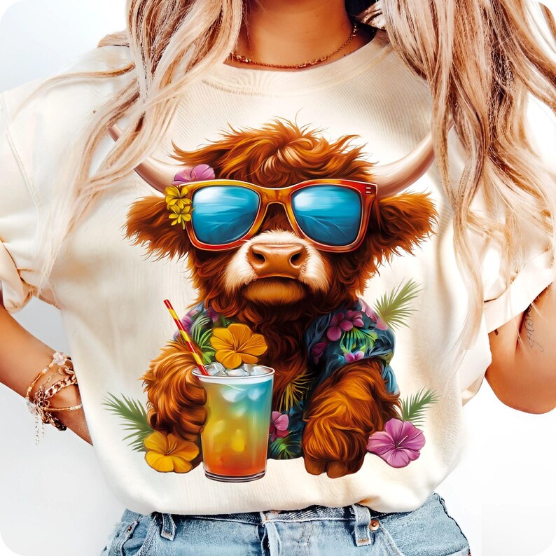Highland Cow Summer PNG on a mug, showcasing sublimation quality for beverages