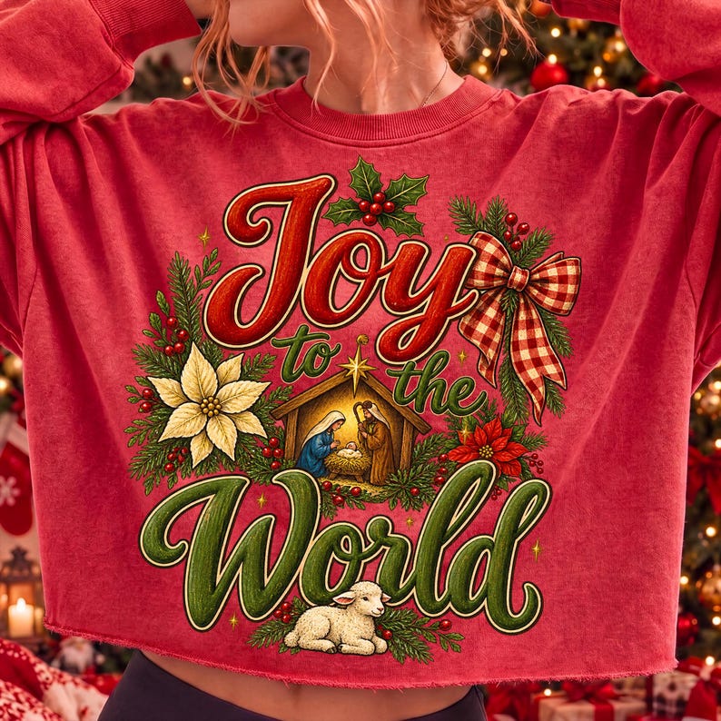 Christian Christmas T-Shirt Mockup with Joy to the World Nativity PNG
