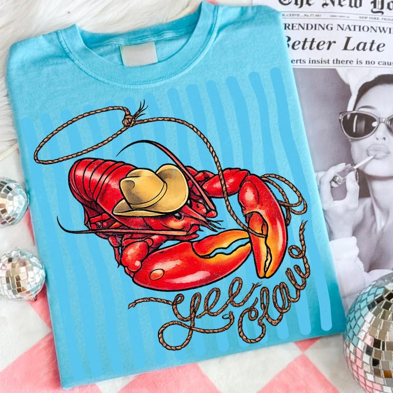 Image of Striped Yee Claw Lobster PNG Cowboy Lobster Shirt Design Western Coastal Blue Striped Sea Animal Crawfish Lasso Nautical Cowboy Sublimation