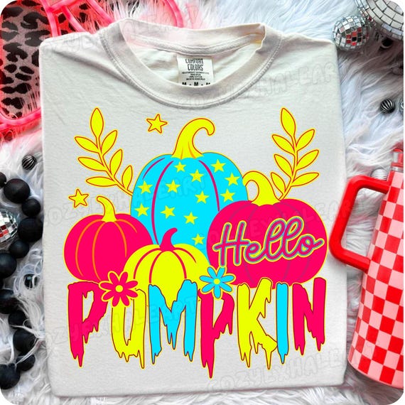Neon Hello Pumpkin PNG: Spooky Season Sublimation Design - Digital Download for Halloween Crafts