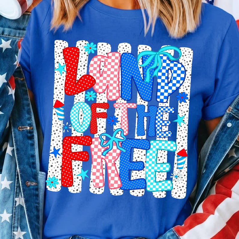 Close-up of the retro Ditsy Floral Stripe and Coquette Bow details within the Land of the Free 4th of July PNG.