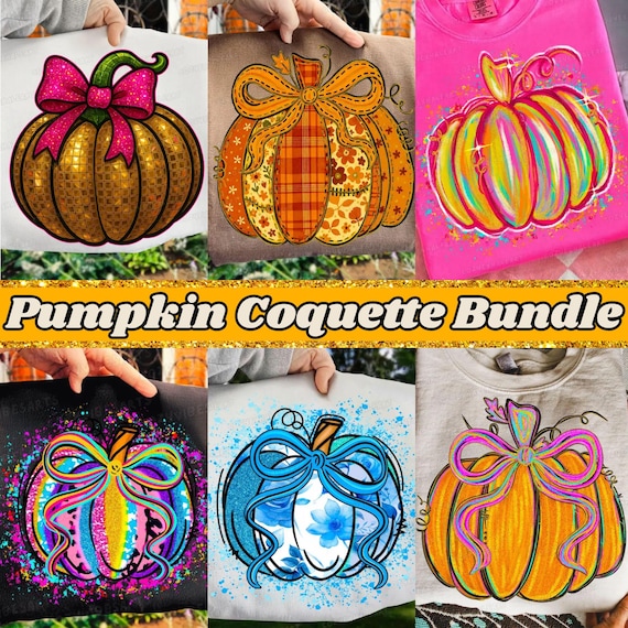 Coquette Fall Pumpkin PNG Bundle: 6 Preppy Halloween Designs with Bows for Sublimation