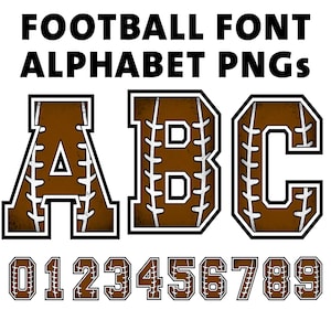 May include: A set of brown football-themed alphabet letters and numbers. The letters A, B, and C are shown, along with the numbers 0 through 9. The letters and numbers are outlined in black and have a brown leather texture with white stitching.