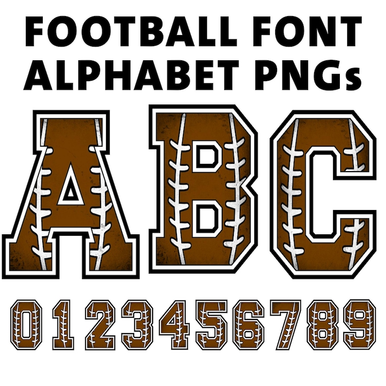 May include: A set of brown football-themed alphabet letters and numbers. The letters A, B, and C are shown, along with the numbers 0 through 9. The letters and numbers are outlined in black and have a brown leather texture with white stitching.