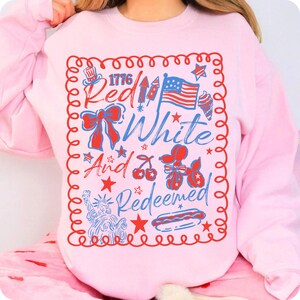 Red White & Redeemed PNG, Coquette Patriotic USA Sublimation Design, 4th of July Christian PNG, Red White Blue Faith Shirt Clipart
