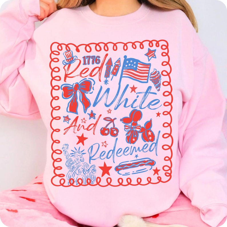 Image of Striped Red White and Redeemed PNG Coquette 4th of July Sublimation Digital Download Patriotic Christian USA Faith Shirt Preppy America