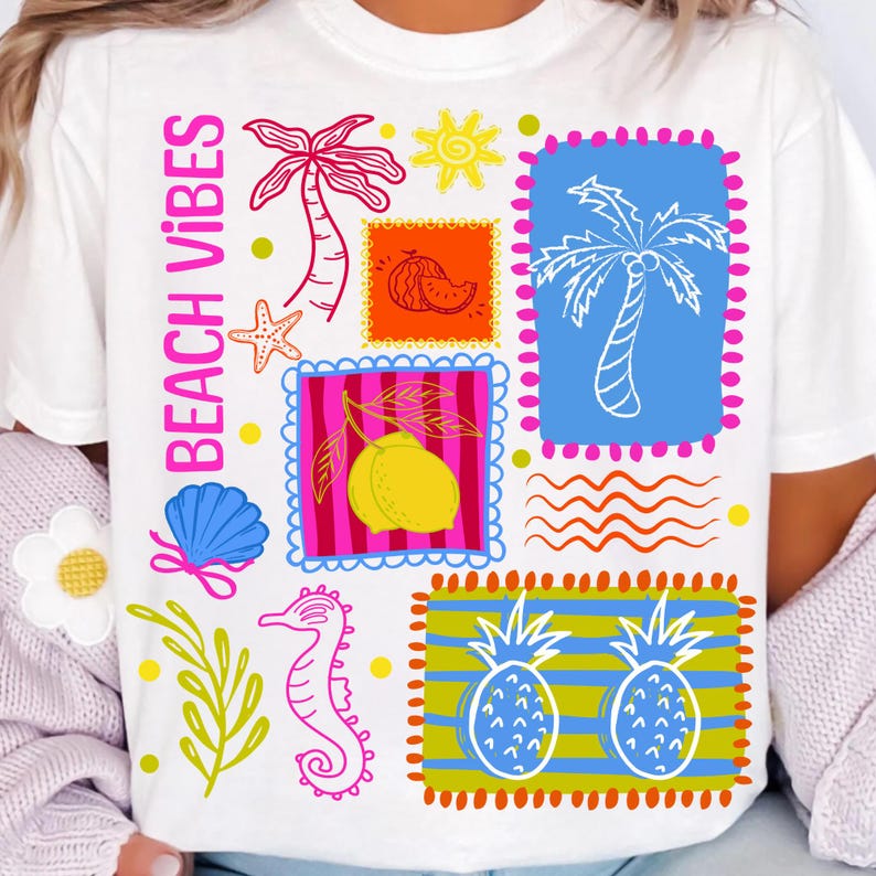 Preppy Coastal Summer Patchwork PNG Sublimation Graphic with Pineapple and Palm Tree