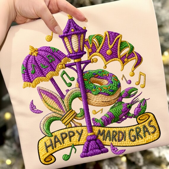 Faux Yarn New Orleans Mardi Gras PNG, Crochet Bourbon Street Carnival Design, Sublimation Design, Fleur De Lis, Faux Embroidery, Orleans PNG