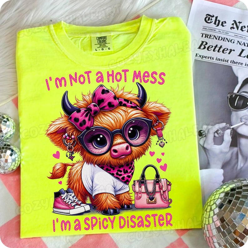 'I'm Not A Hot Mess I'm A Spicy Disaster' Highland Cow PNG on a tumbler mock-up