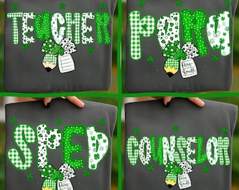 St Patrick Teacher PNG Bundle SPED Para Educator Counselor Lucky Shamrock Green Clover Pencil Coquette Bow Irish Classroom Shirt DTF Staff