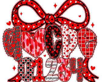 Valentine's Day Alphabet PNG Letters Bundle with Numbers Clipart, Red Bow, and Heart Elements for Sublimation Crafts, Digital Designs