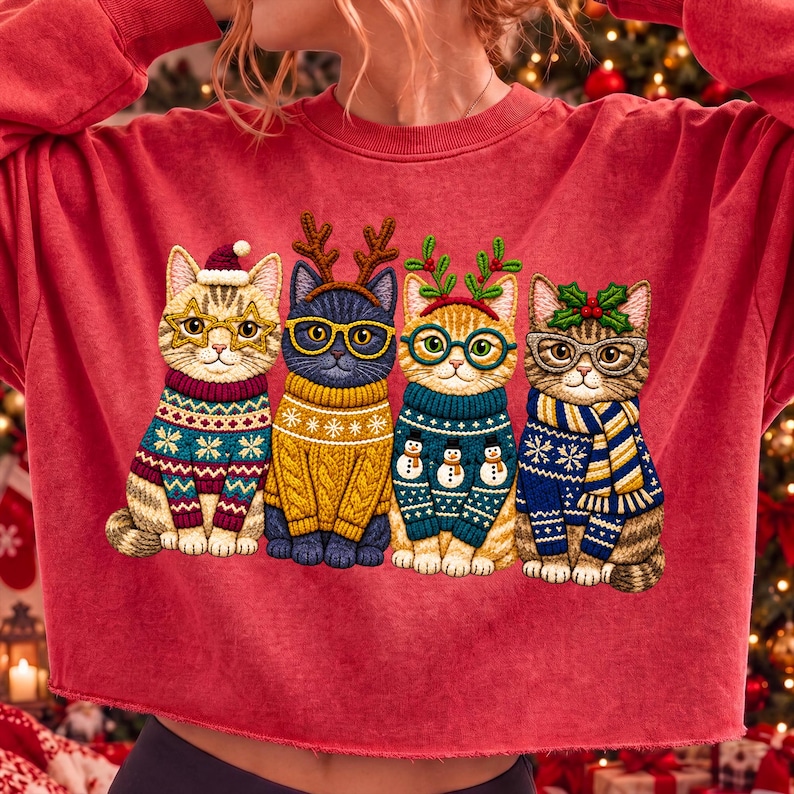 Image of Christmas Cats PNG, Festive Sweater Design, Holiday Cat Lover Art (Digital Download)