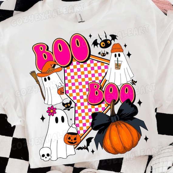 Vintage-Inspired Halloween Ghost PNG: Pink Coquette & Checkered Pumpkin Digital Art Download