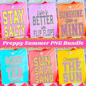 6 Preppy Summer PNG Bundle Beach Quote Sublimation Designs Neon Vacation Vibes Shirt Graphics Retro Coastal PNG Pack DTF Transfer Files