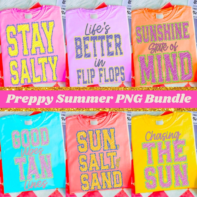 Close-up of a vibrant neon preppy beach quote PNG design in retro scribble style, perfect for summer sublimation.