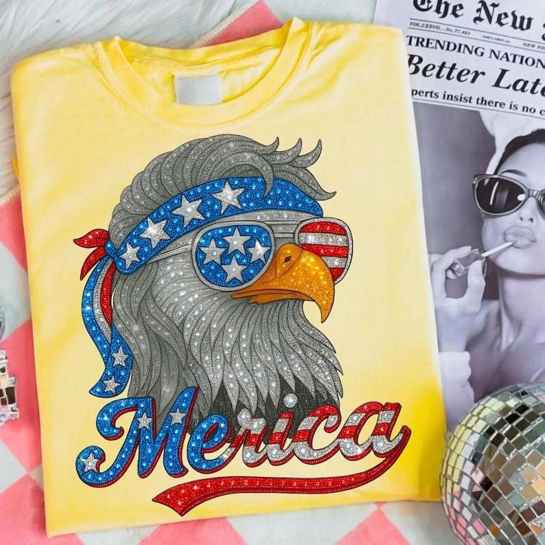 Merica Eagle Faux Rhinestone PNG, Retro 4th of July Design, Patriotic American Eagle Sublimation, Independence Day Shirt PNG