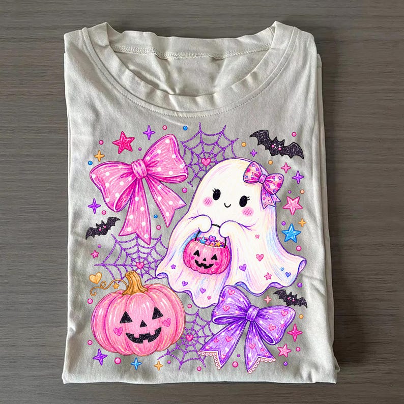 Peut inclure: Un t-shirt gris clair avec une impression graphique repr&eacute;sentant un fant&ocirc;me blanc tenant un seau citrouille rose, une citrouille rose, deux grands n&oelig;uds rose et violet, des toiles d'araign&eacute;e, des petites chauves-souris noires et des &eacute;toiles color&eacute;es.