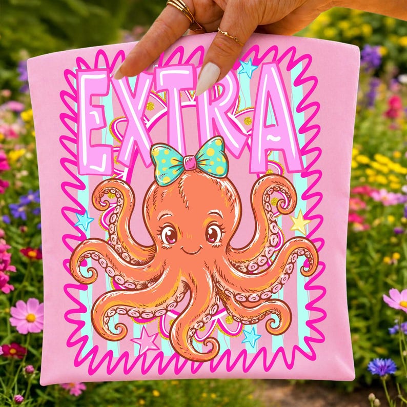 Extra Octopus PNG Sublimeringsdesign, Preppy Coquette Coastal Beach Shirt Grafik, Girly DTF Transfer Fil, Retro Summer Digital Nedladdning bild 7