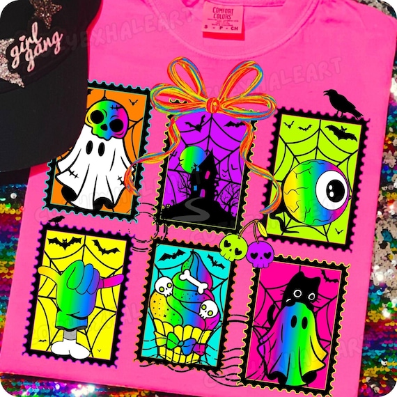 Retro Neon Halloween PNG: Spooky Ghost & Coquette Pumpkin Digital Art for Shirts and Crafts