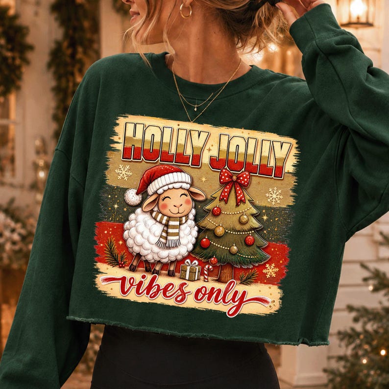 Może przedstawiać: Ciemnozielona bluza z długim rękawem i kr&oacute;tkim krojem z nadrukiem owcy w czapce Mikołaja i szaliku obok udekorowanej choinki. Napis głosi HOLLY JOLLY vibes only czerwoną i złotą czcionką z akcentami w kształcie płatk&oacute;w śniegu na całym wzorze.