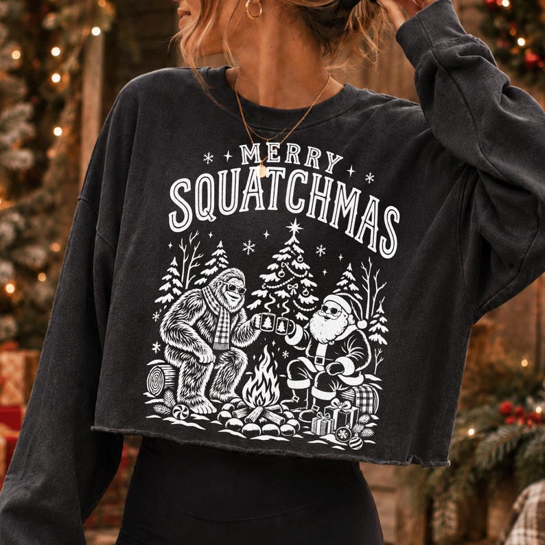 A close-up of the vintage-inspired Bigfoot and Santa design, perfect for dark fabric apparel.