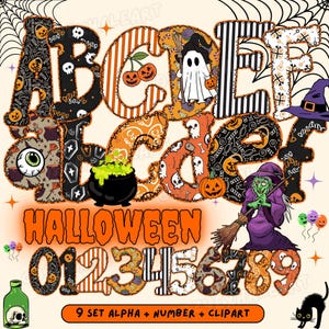 Spooky Halloween Font PNG, Hand Drawn Doodle Letters, Bats Ghosts Pumpkins Preppy Coquette Alphabet Bundle, Spooky Season Designs 10 Colors