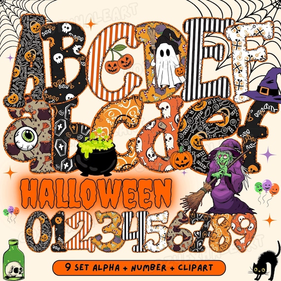 Spooky Halloween Font PNG: Gingham Doodle Letters, Bats, Ghosts (Digital Download)