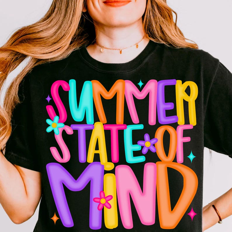 Close-up of vibrant Summer State of Mind digital design with retro flowers and sparkle accents