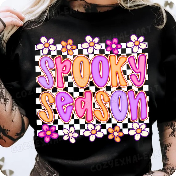 Checkered Ghost PNG: Spooky Season Floral Halloween Design (Digital Download)