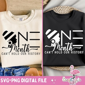 May include: Black and white graphic design with the text "One Month Can't Hold Our History". The design features a stylised black woman's face with a white head wrap.